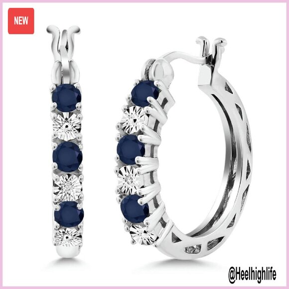 Sterling Silver Hoop Earrings with Sapphire & Diamond Accents 22mm